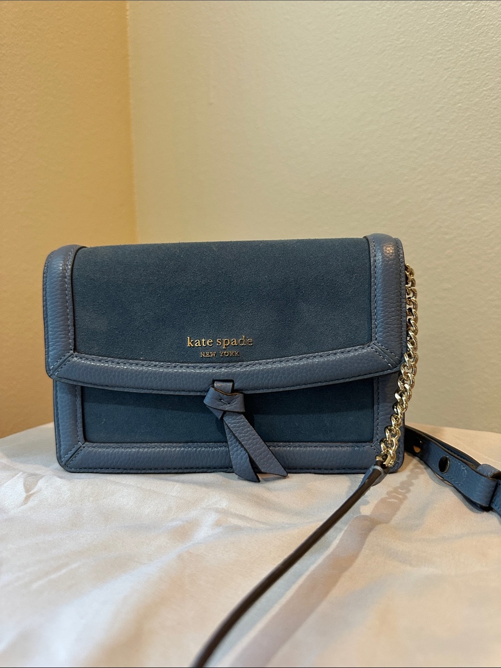 kate spade navy blue suede & leather crossbody with knot detail very nice color